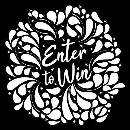 An abstract vector typography illustration of Enter to Win text amidst design elements   in white on an isolated black backgroundのイラスト素材