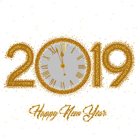 Gold clock with roman numerals on a circular gold ring clock with New Year numerals   2019 on a white backgroundのイラスト素材
