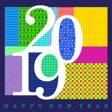 2019 white numerals designed with random colorful patterns with Happy New Year text at the base of the artworkのイラスト素材