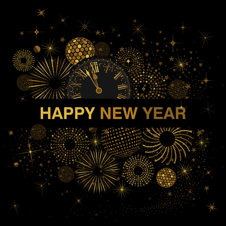 Gold Clock indicating countdown to 12 O' Clock 2019 New Year's Eve on a black   backgroundのイラスト素材