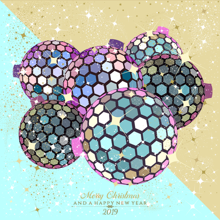 Hexagon disco balls in iridescent and gold with stars and sparkles on teal trendy   background with the text Merry Christmas and a Happy New Year 2019のイラスト素材