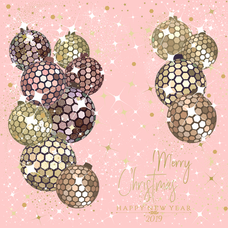 Hexagon rose gold disco balls with stars and sparkles on a pale pink background for the Christmas and New Year season of 2019のイラスト素材