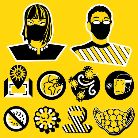 Set of vector designs on coronavirus locator on map, worldwide spread of the plague in the aerosol particles and characters with protective medical respiratory masksのイラスト素材
