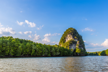 The riverside and mountains : Khao Khanab Nam (paralled hills to water), a symbol of Krabi Province of Thailand.の写真素材