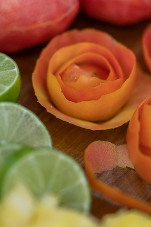 Thai fruit carving is a traditional. Thai art that requires neatness, precision, meditation, and personal ability. Fruit carving persisted in Thailand as a respected art for centuries.の写真素材