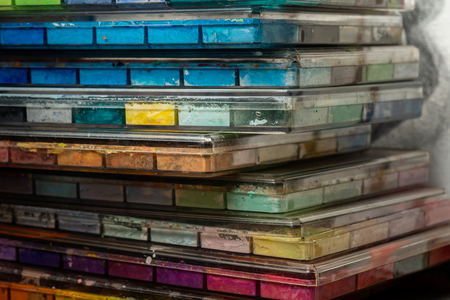 Close up Poster color tray, Poster color, Stacked color tray.の写真素材