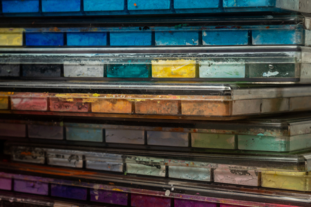 Close up Poster color tray, Poster color, Stacked color tray.の写真素材