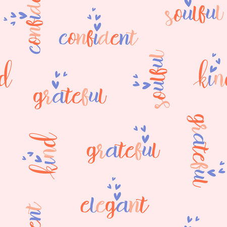Cute trendy playful conversational colorful positive letter and words seamless pattern print background with hearts for fashion, textile, tshirt, girls, kidsのイラスト素材