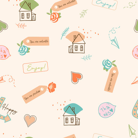 Conversational seamless pattern print with doodle flowers, floral print and tags, positive quotes and slogans for fabric, textile, tshirt, and wrappingのイラスト素材