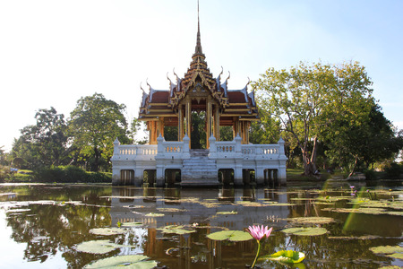 Thai art golden pavilion on the lakeの写真素材
