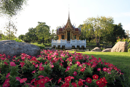 Thai art golden pavilion on the lakeの写真素材