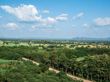 Green fresh nature landscape with blue sky background in countryside of thailand.の写真素材