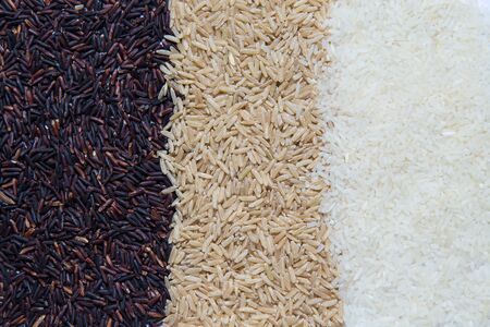 Rice berry, brown rice, white (jasmine) rice for background.