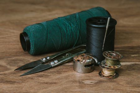 Set reel of thread for sewing and needlework, old reel of thread (vintage filter).
