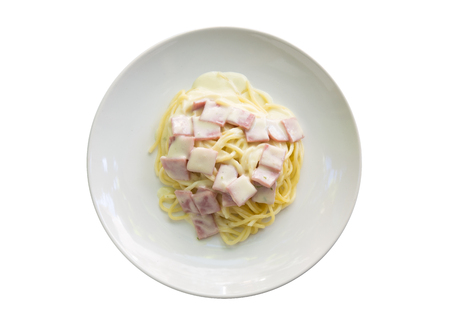 Spaghetti Carbonara with bacon isolated on white background.の写真素材