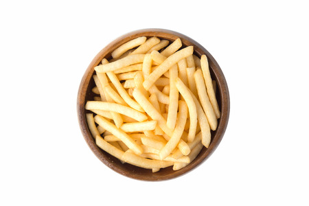 French Fries or potato fry in wooden bowl isolated on white background.