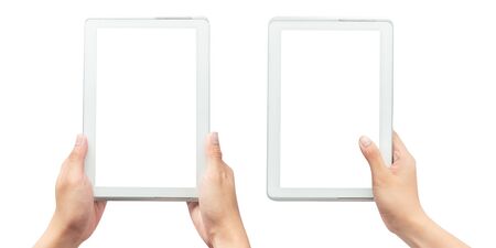 Male hand holding the white tablet pc computer with blank screen isolated on white backgroundの写真素材