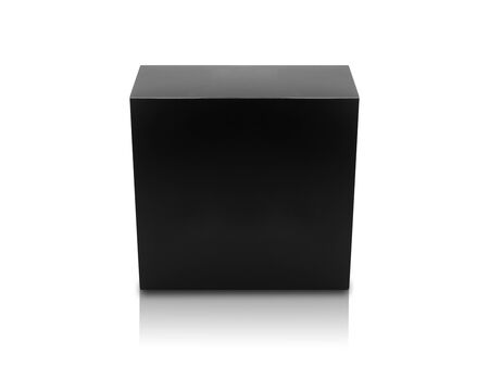 Black box product packaging in front view isolated on white background with clipping path.