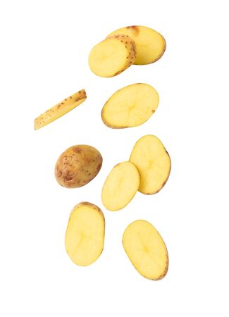 Falling potato slice isolated on white background with clipping path.の写真素材