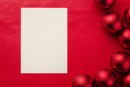 Merry christmas greeting card mockup template with christmas balls.