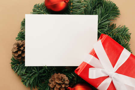 Merry christmas greeting card mockup template with christmas gifts decorations.の写真素材
