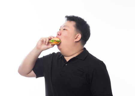 Young Funny Fat Asian man eating hamburger isolated on white background, Unhealthy concept.の写真素材