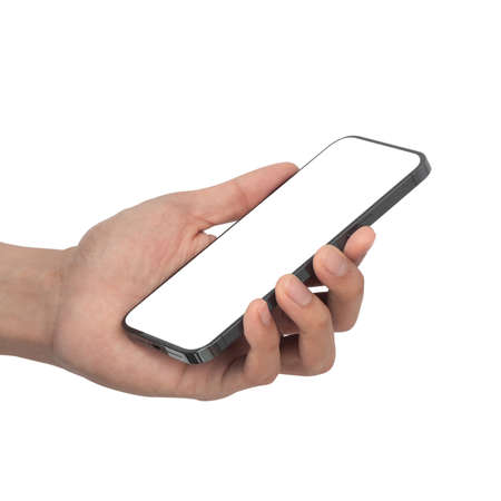 Man hand holding the black smartphone with blank screen isolated on white background with clipping...