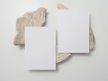 Invitation card mockup, blank greeting card template. Flat lay, Minimalist style.の写真素材