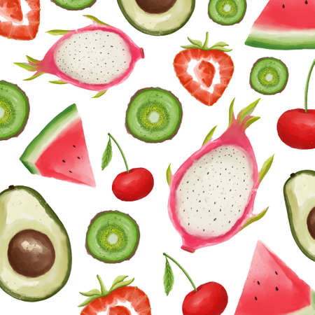Set of watercolor painted fruits. Strawberry, Watermelon, Cherry, Avocado, Dragon fruit, Kiwi. Hand...