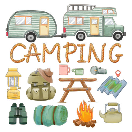 Set of watercolor painted camping supplies clipart. Hand drawn isolated on white background.のイラスト素材