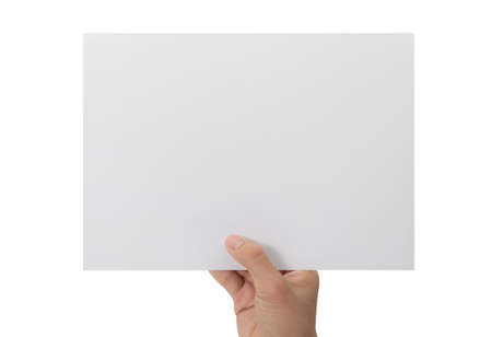 Hand holding blank paper isolated on white background