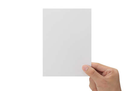 Hand holding blank paper isolated on white background