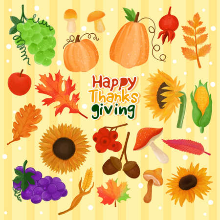 Set of watercolor painted Thanksgiving decoration, Festive clipart. Hand drawn isolated on white background.のイラスト素材