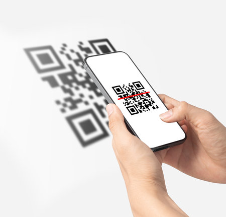 Hand using mobile smart phone scan Qr code. Barcode reader, Qr code payment, Cashless technology,...