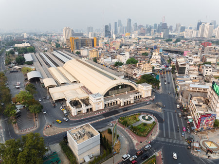An aerial view of the Hua Lamphong railway station, The former central passenger terminal in...