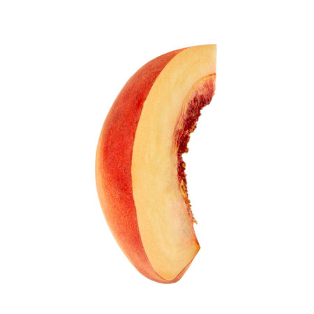 Peach slice isolated on white background with clipping path, full depth of field.の写真素材