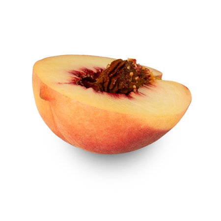 Peach slice isolated on white background with clipping path, full depth of field.の写真素材