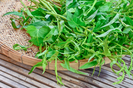 close-up of Water spinach on bamboo basket
