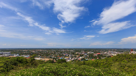 community houses landscape mountains sky,blue,greenの写真素材