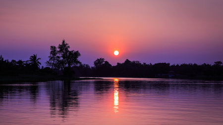 sunset chip truck with water reflection effectsの写真素材