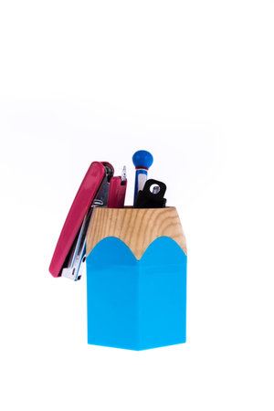 blue pencil box for storing office supplies