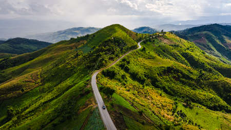 landscape aerial view mountain paths and valley in the rain season at chiang rai thailand
