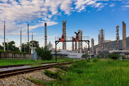 oil and petroleum industry zone and blue sky cloud white and mountain  background with railroad...