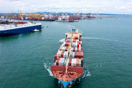 front view of container ship logistics goods transportation import export International by container...