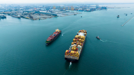 cargo container ship carrying in sea to import export goods and distributing products to dealer and consumers across asia pacific worldwide, global business and industry delivery service  by container ship Transport. aerial viewの写真素材