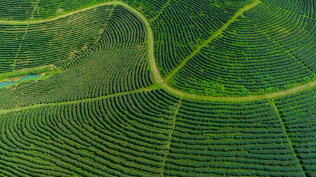 agricultural area of green tea plantation on the mountain north of chiang rai thailand aerial view...