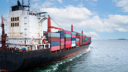 Container ship transporting cargo logistic to import export goods internationally around the world,...