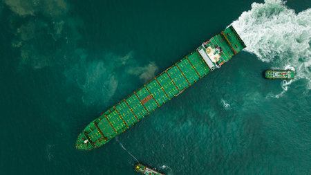 tugboat dragging cargo ship leaving shipyard after repairs in green sea, aerial top view from droneの写真素材