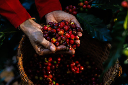 farmer show red raw coffee beans in hand and basket coffee background, close up top viewの写真素材