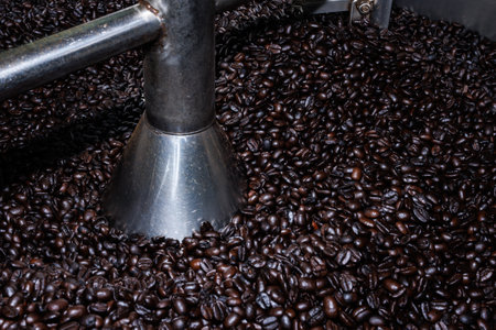 Close up of roasted coffee beans surface rotate in a spinning roaster mashine for background